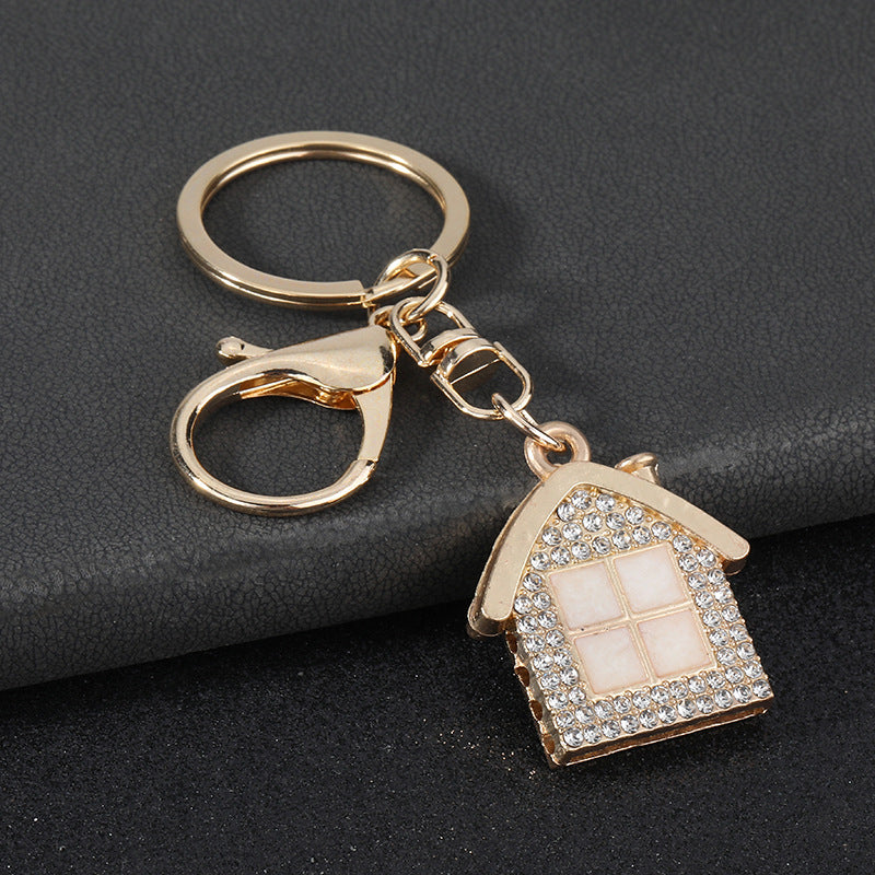 New Year Red House Key Chain With Rhinestones In Zinc Alloy Featuring Bag Charm Design