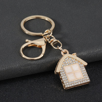 New Year Red House Key Chain With Rhinestones In Zinc Alloy Featuring Bag Charm Design