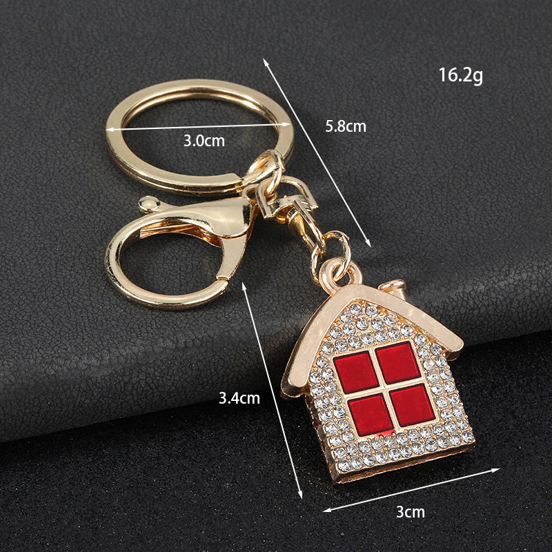 New Year Red House Key Chain With Rhinestones In Zinc Alloy Featuring Bag Charm Design