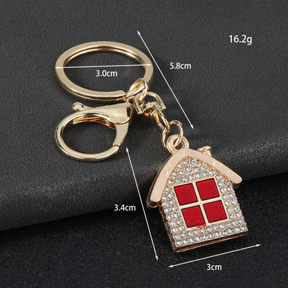 New Year Red House Key Chain With Rhinestones In Zinc Alloy Featuring Bag Charm Design