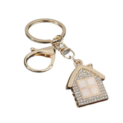 New Year Red House Key Chain With Rhinestones In Zinc Alloy Featuring Bag Charm Design