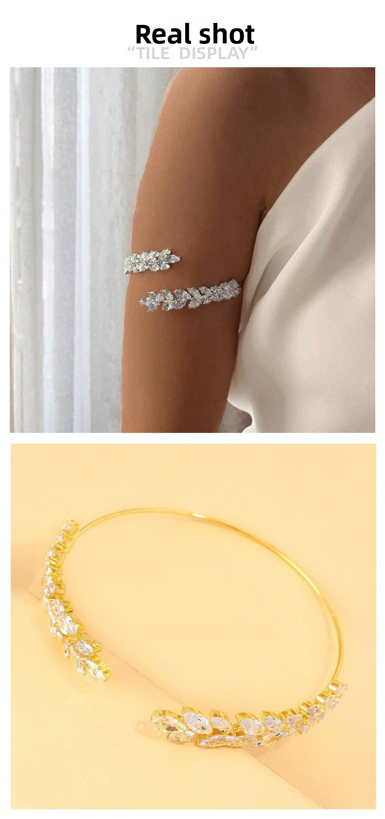 Sparkly Silver Alloy Arm Cuff For Women With Zircon Inlay, Electroplated Finish Bangle