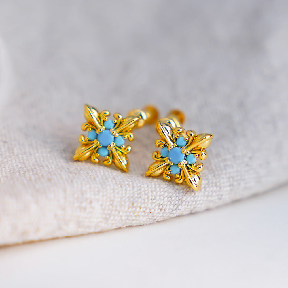 Retro Spiral Clip Earrings For Women In Gold Brass With Turquoise Inlay, 1 Pair