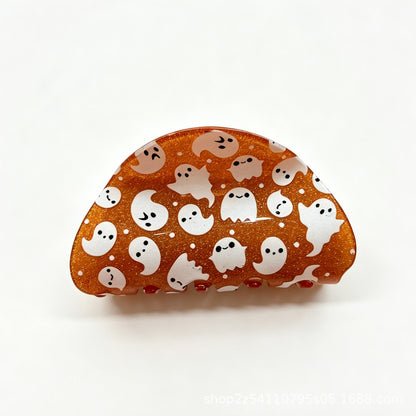 Ghost Pattern Acrylic Hair Claw For Women In Orange, Perfect Halloween Hairpin Accessory