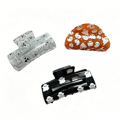 Ghost Pattern Acrylic Hair Claw For Women In Orange, Perfect Halloween Hairpin Accessory