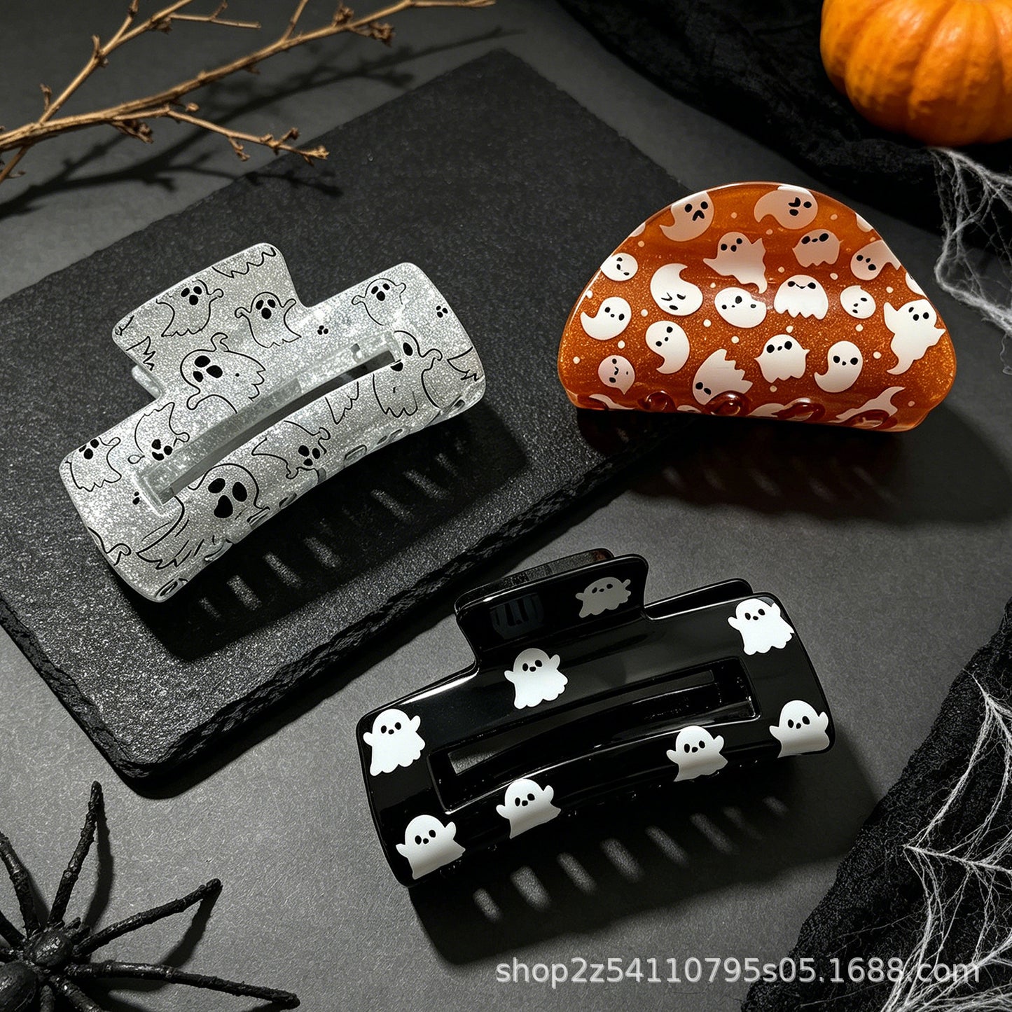 Ghost Pattern Acrylic Hair Claw For Women In Orange, Perfect Halloween Hairpin Accessory