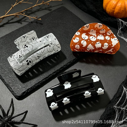 Ghost Pattern Acrylic Hair Claw For Women In Orange, Perfect Halloween Hairpin Accessory
