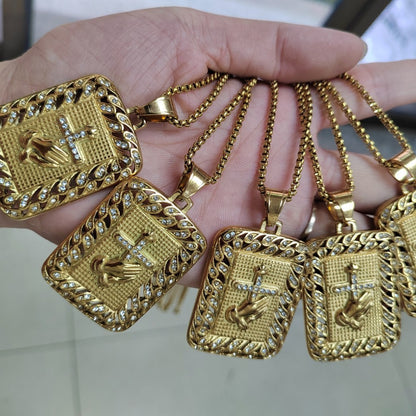 Hip-Hop Hand Pendant In Gold Titanium Steel With Rhinestones, Waterproof Non Tarnish
