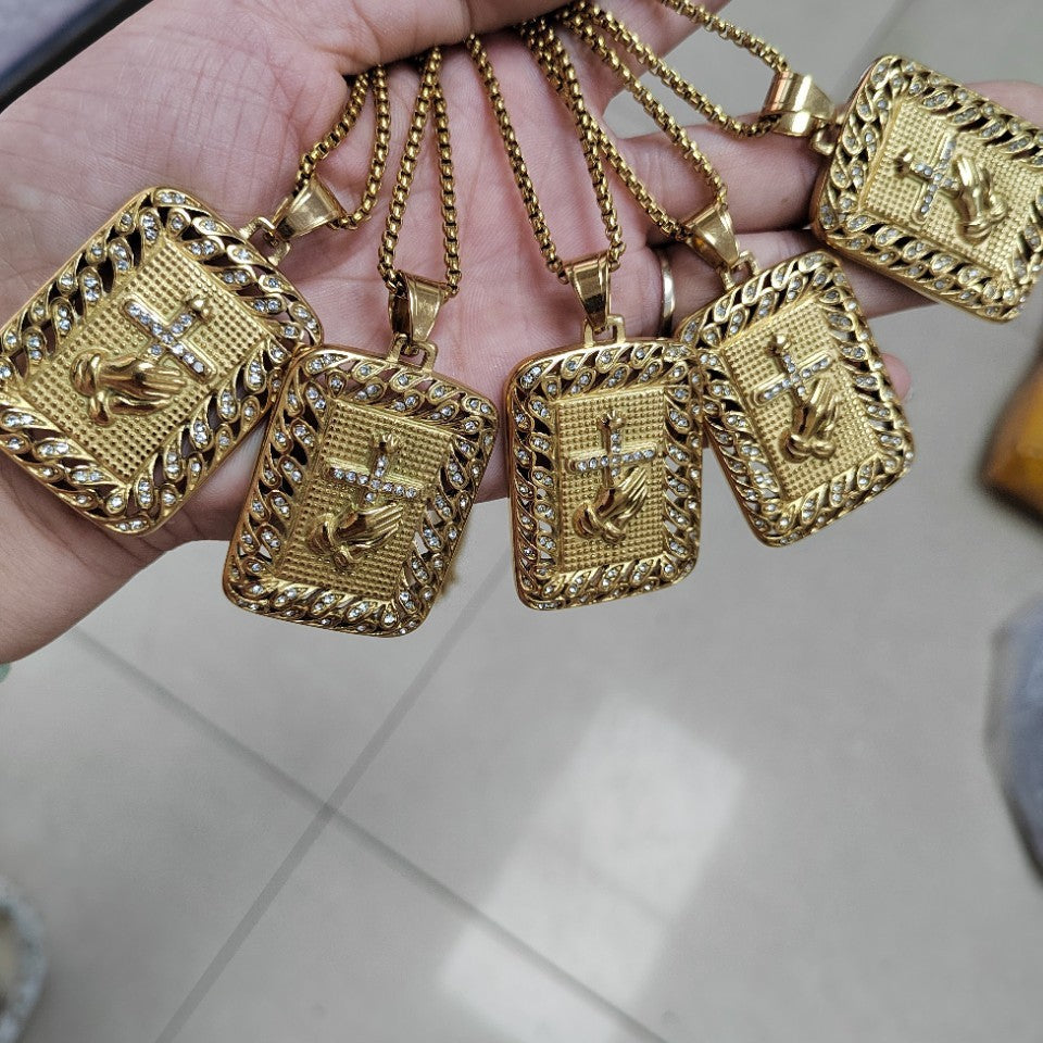 Hip-Hop Hand Pendant In Gold Titanium Steel With Rhinestones, Waterproof Non Tarnish