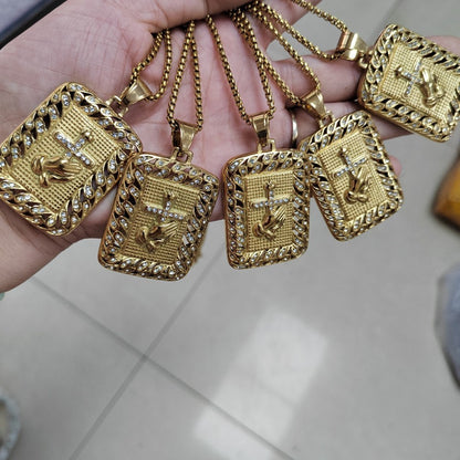 Hip-Hop Hand Pendant In Gold Titanium Steel With Rhinestones, Waterproof Non Tarnish
