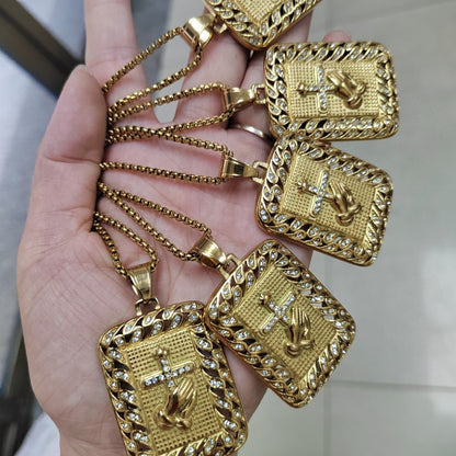 Hip-Hop Hand Pendant In Gold Titanium Steel With Rhinestones, Waterproof Non Tarnish