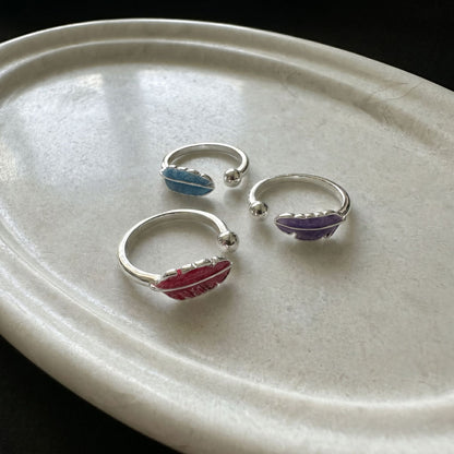 Feather Open Ring For Women In Simple Style, Electroplated Copper With Natural Pink Finish