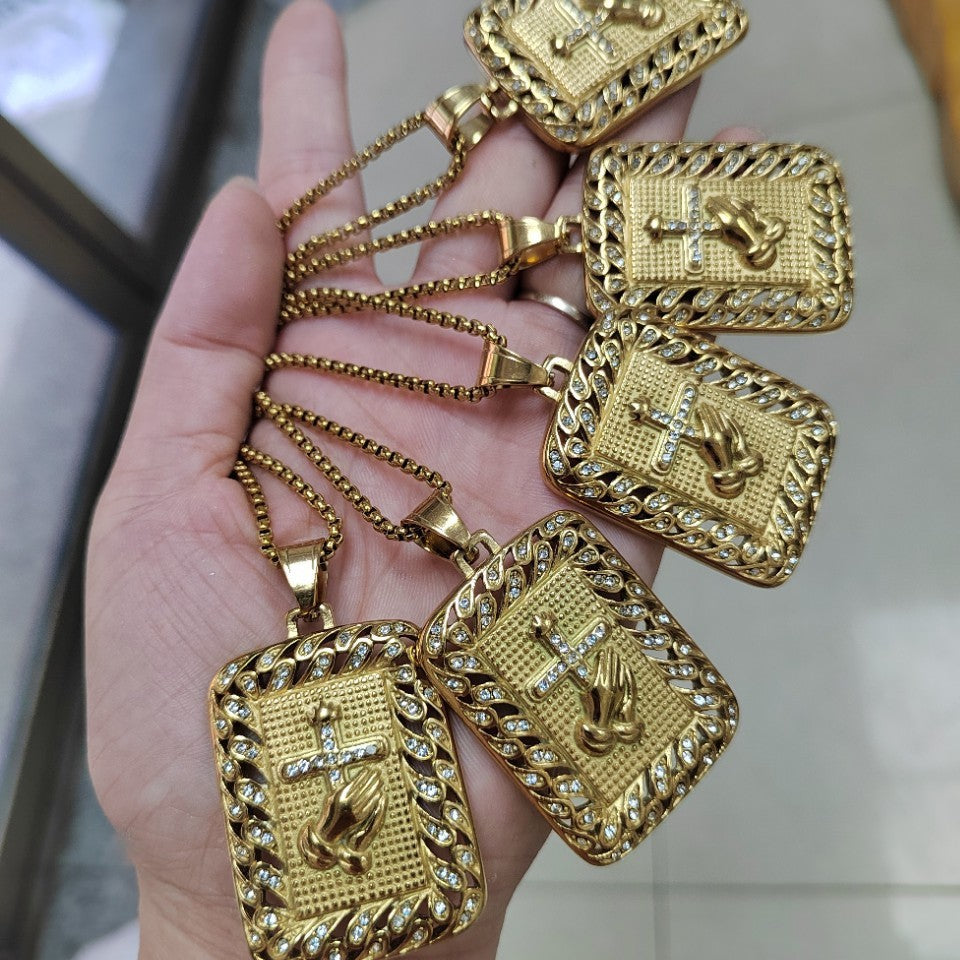 Hip-Hop Hand Pendant In Gold Titanium Steel With Rhinestones, Waterproof Non Tarnish