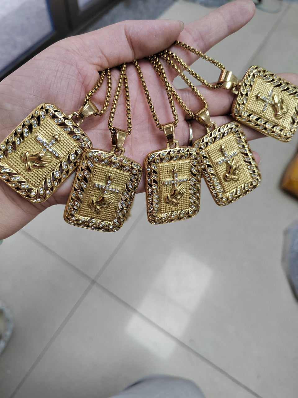Hip-Hop Hand Pendant In Gold Titanium Steel With Rhinestones, Waterproof Non Tarnish