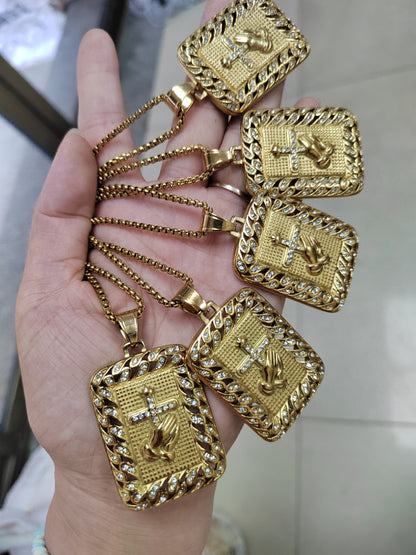 Hip-Hop Hand Pendant In Gold Titanium Steel With Rhinestones, Waterproof Non Tarnish