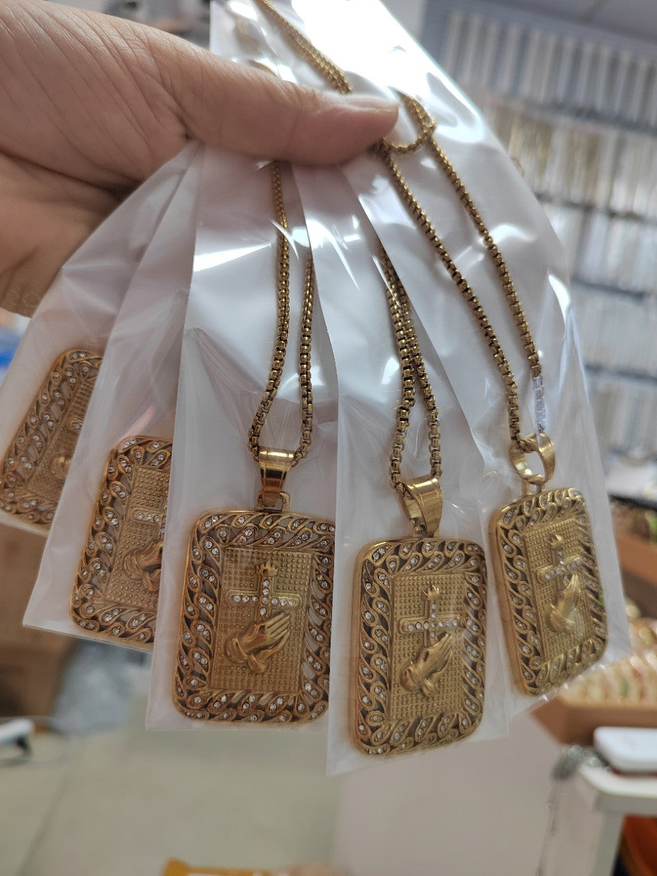 Hip-Hop Hand Pendant In Gold Titanium Steel With Rhinestones, Waterproof Non Tarnish