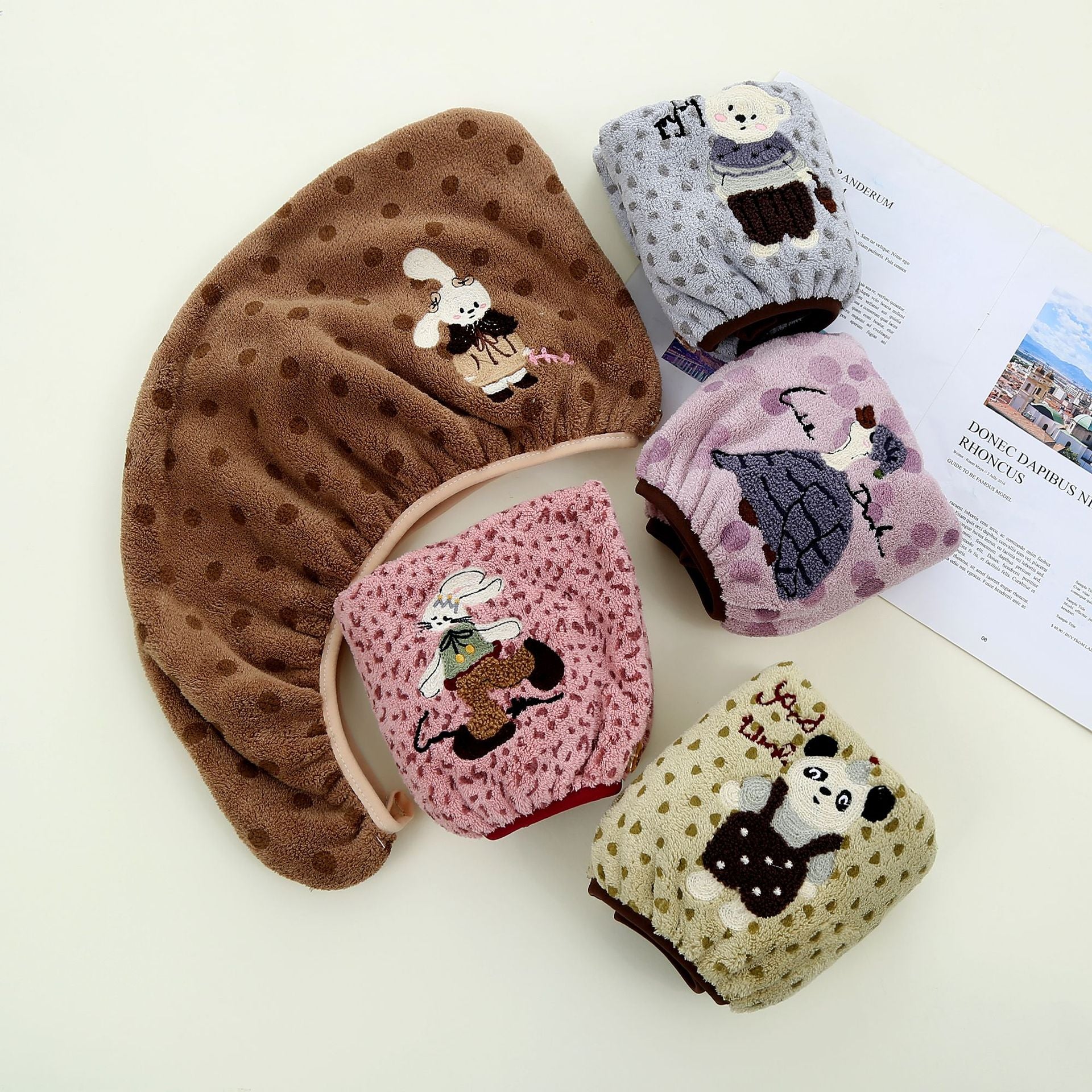 Cute Bear Pattern Coral Fleece Dry Hair Towel And Hair Cap For Quick Hair Drying