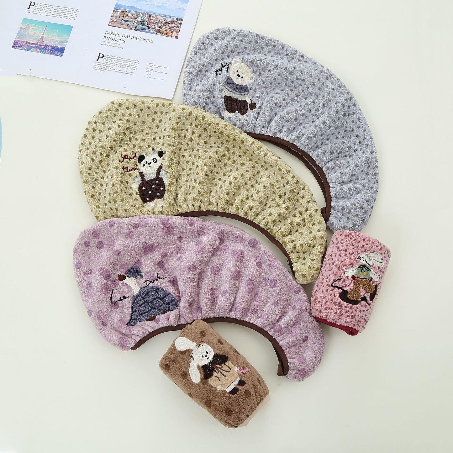 Cute Bear Pattern Coral Fleece Dry Hair Towel And Hair Cap For Quick Hair Drying