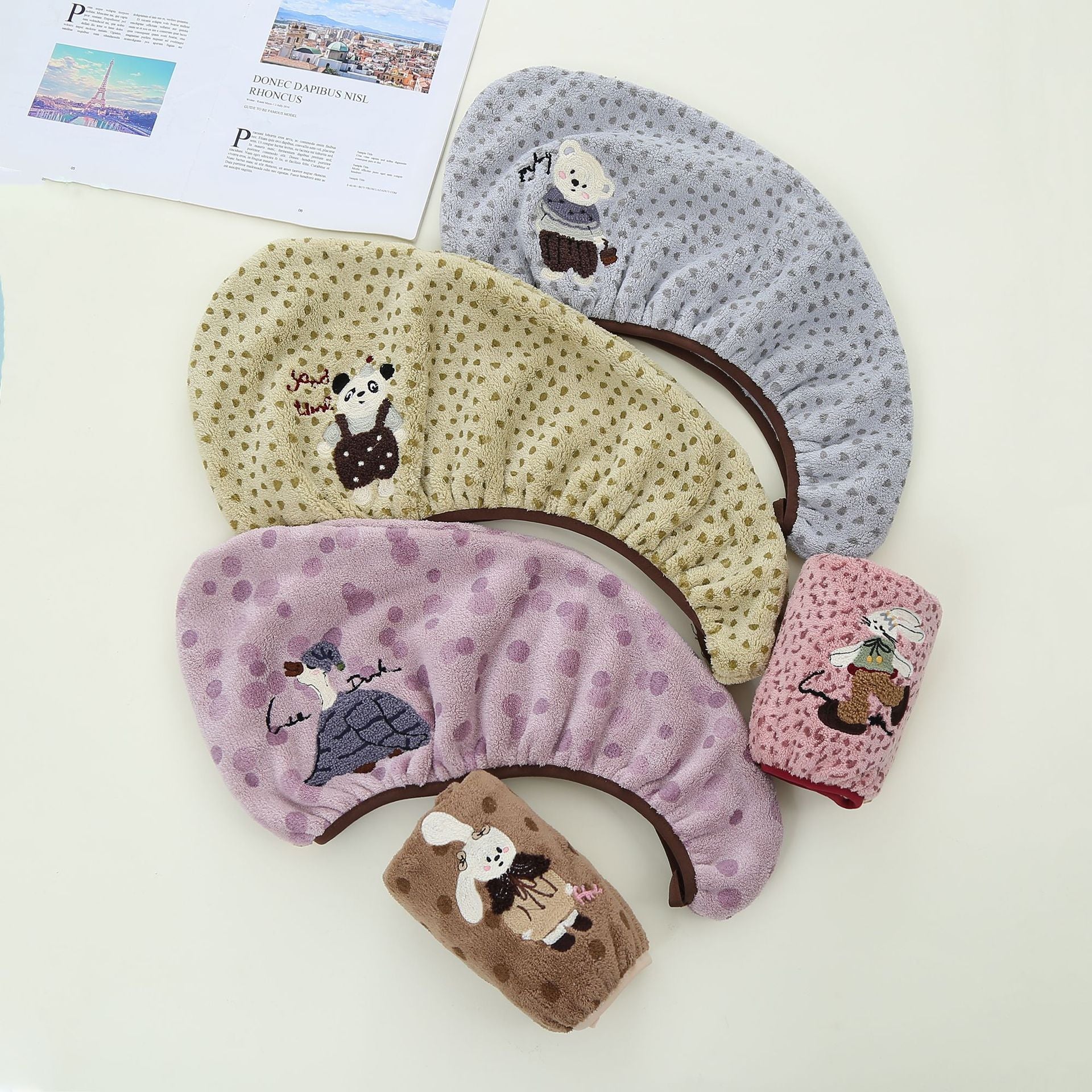 Cute Bear Pattern Coral Fleece Dry Hair Towel And Hair Cap For Quick Hair Drying
