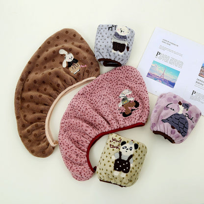 Cute Bear Pattern Coral Fleece Dry Hair Towel And Hair Cap For Quick Hair Drying