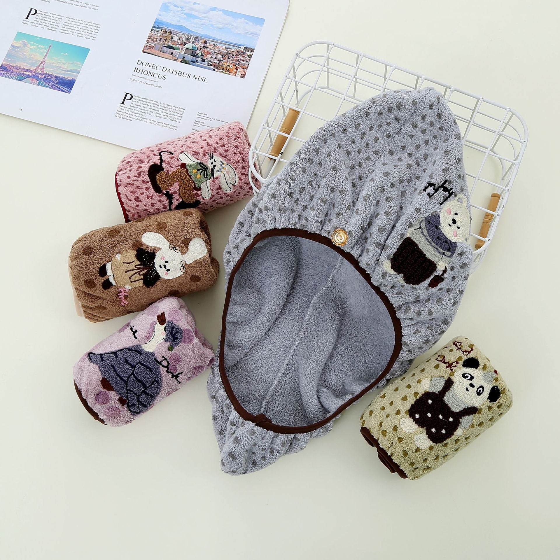 Cute Bear Pattern Coral Fleece Dry Hair Towel And Hair Cap For Quick Hair Drying