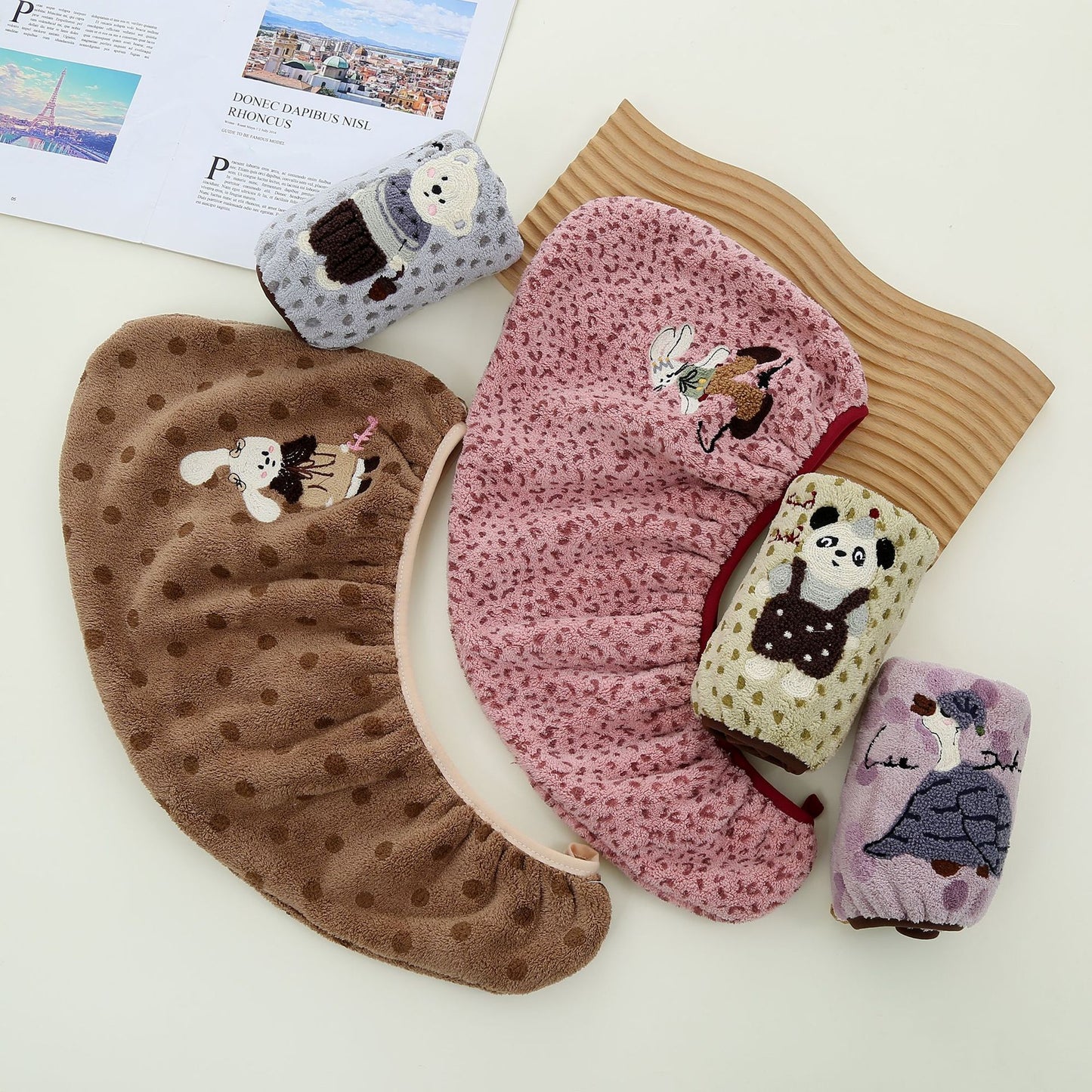 Cute Bear Pattern Coral Fleece Dry Hair Towel And Hair Cap For Quick Hair Drying
