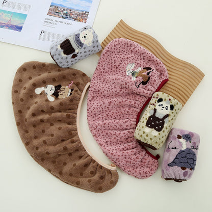 Cute Bear Pattern Coral Fleece Dry Hair Towel And Hair Cap For Quick Hair Drying