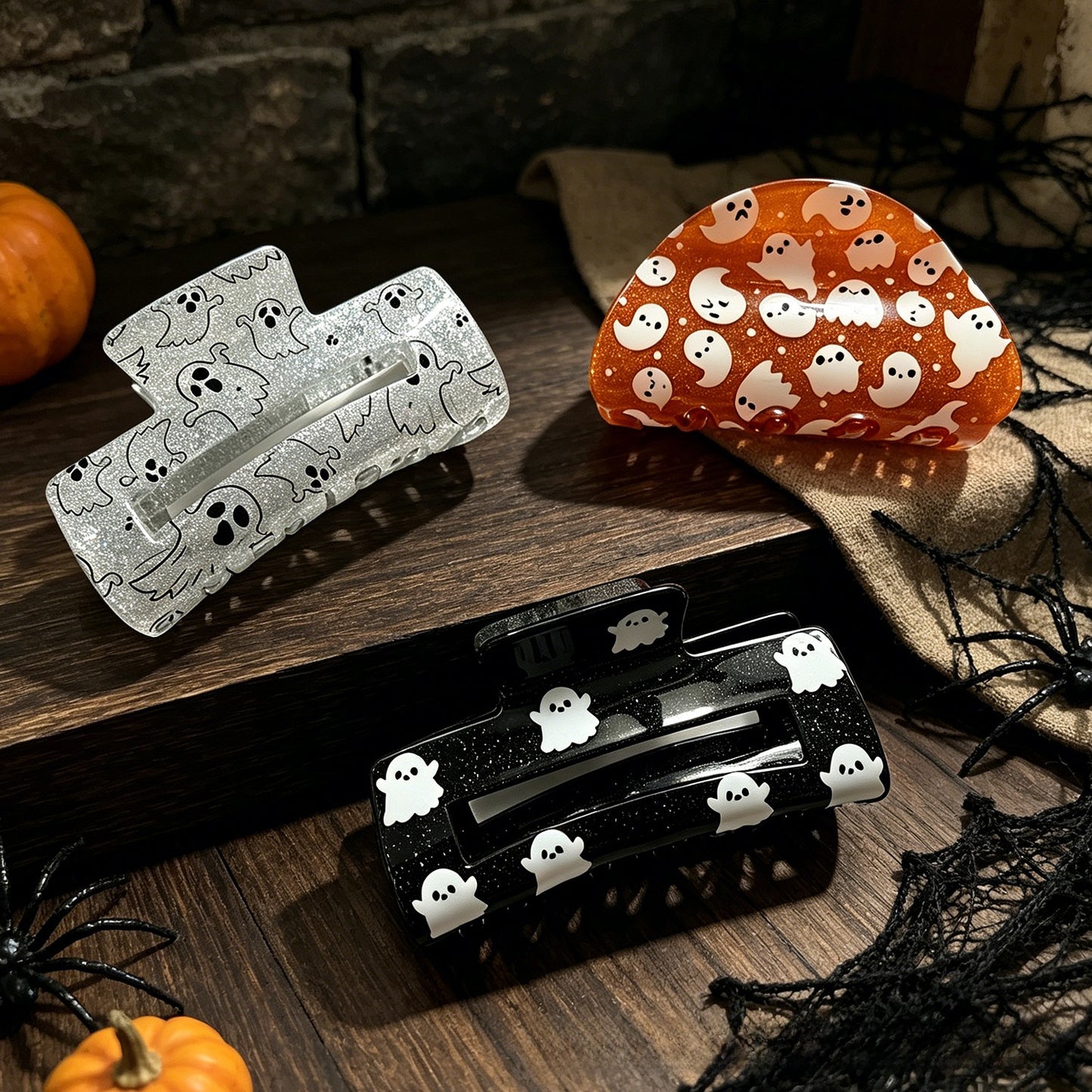 Ghost Pattern Acrylic Hair Claw For Women In Orange, Perfect Halloween Hairpin Accessory