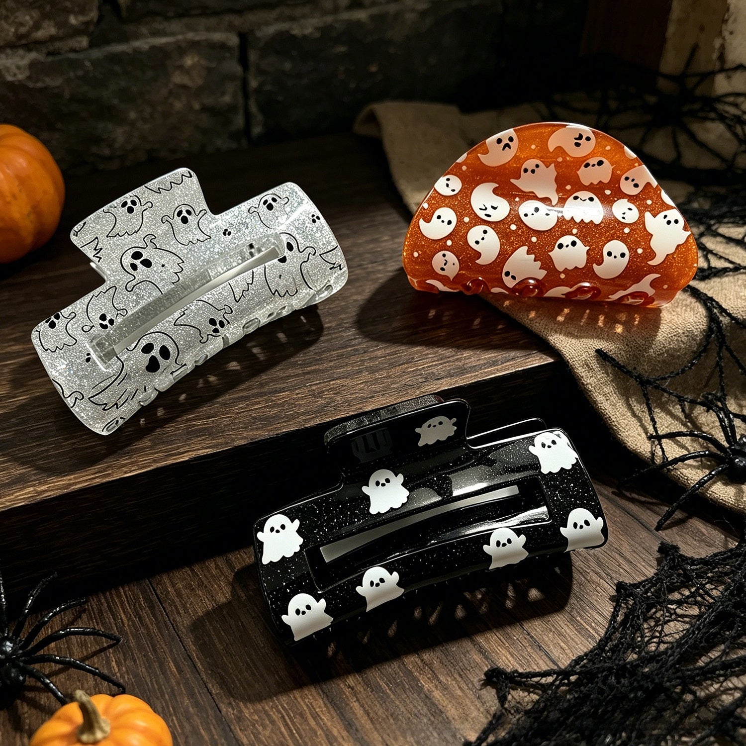 Ghost Pattern Acrylic Hair Claw For Women In Orange, Perfect Halloween Hairpin Accessory