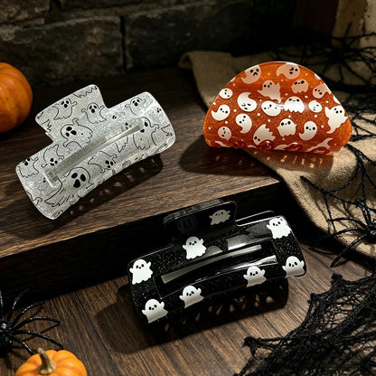 Ghost Pattern Acrylic Hair Claw For Women In Orange, Perfect Halloween Hairpin Accessory