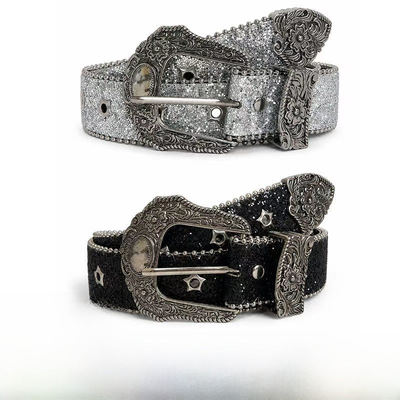 Sparkly Unisex Belt In Dyed Black PU Leather With Pin Buckle