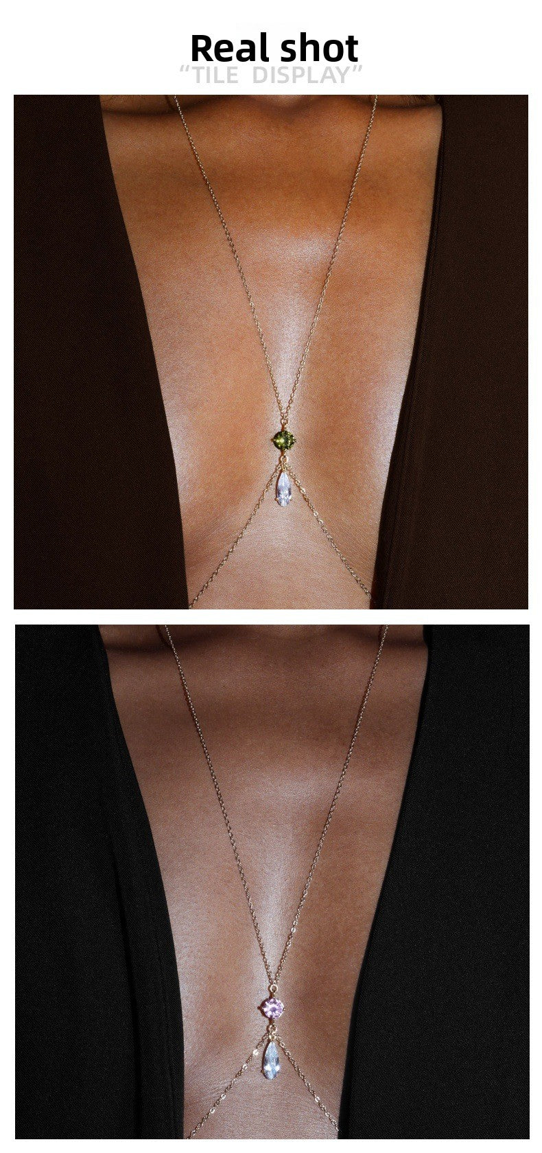 Gold Alloy Body Chain For Women Featuring Water Droplets Pattern With White Crystal Inlay, Perfect For Nightclub Wear