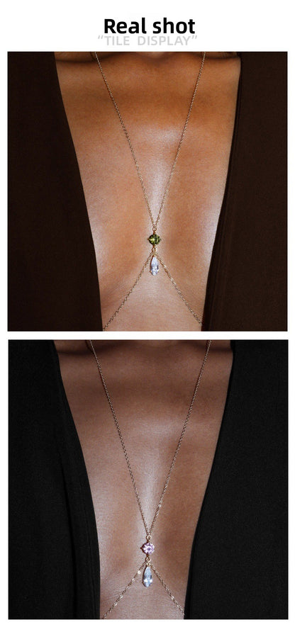 Gold Alloy Body Chain For Women Featuring Water Droplets Pattern With White Crystal Inlay, Perfect For Nightclub Wear