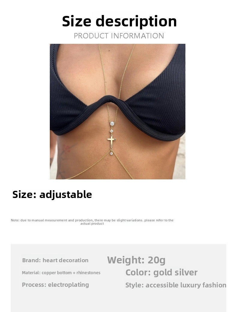 Simple Style Silver Alloy Body Chain For Women With Cross Pattern And Electroplated Finish, Featuring Rhinestones