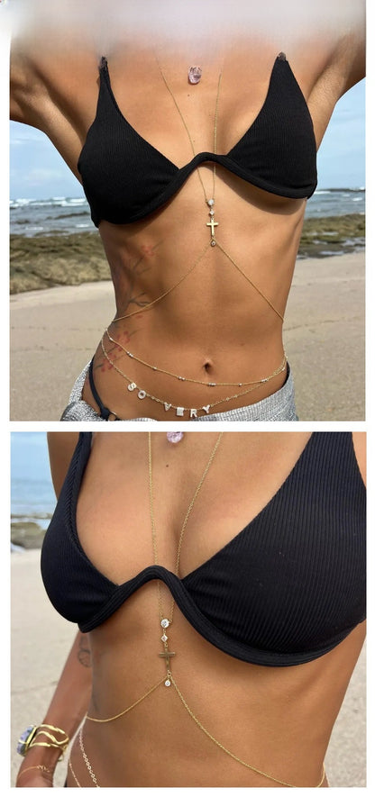 Simple Style Silver Alloy Body Chain For Women With Cross Pattern And Electroplated Finish, Featuring Rhinestones