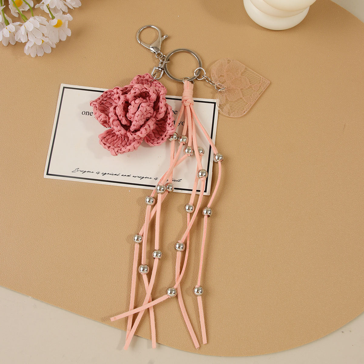 Knitted Flowers Key Chain In Natural Pink Straw Material With Sweet Style, Perfect Summer Accessory