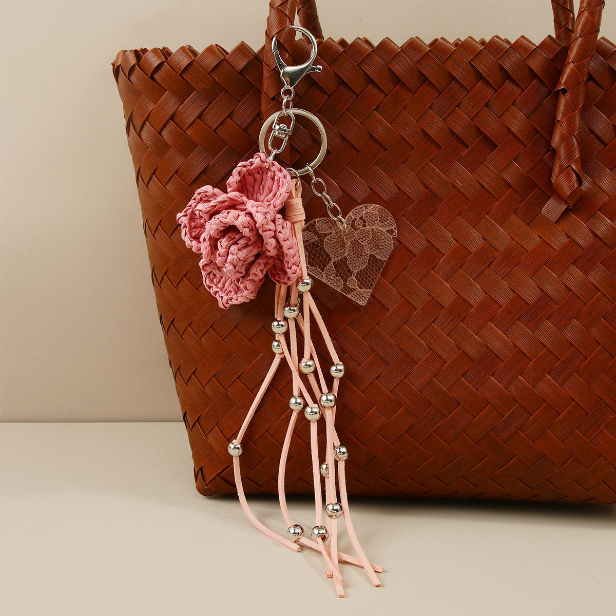 Knitted Flowers Key Chain In Natural Pink Straw Material With Sweet Style, Perfect Summer Accessory