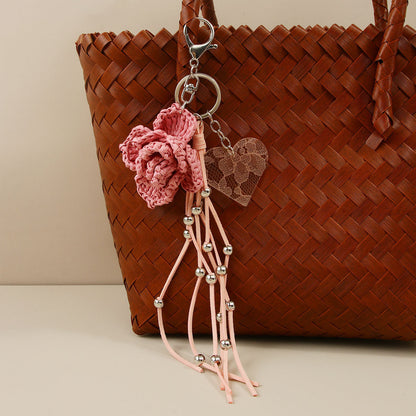 Knitted Flowers Key Chain In Natural Pink Straw Material With Sweet Style, Perfect Summer Accessory