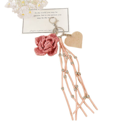 Knitted Flowers Key Chain In Natural Pink Straw Material With Sweet Style, Perfect Summer Accessory