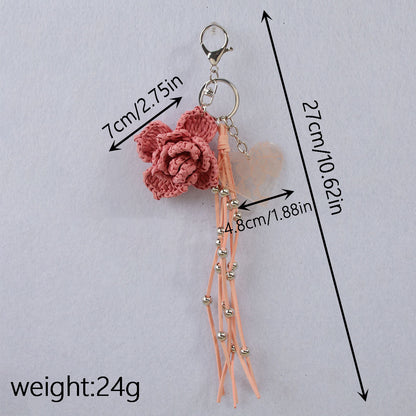 Knitted Flowers Key Chain In Natural Pink Straw Material With Sweet Style, Perfect Summer Accessory