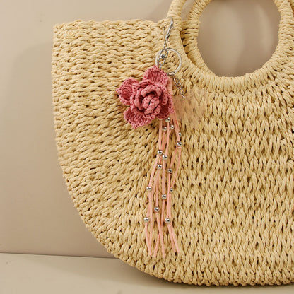 Knitted Flowers Key Chain In Natural Pink Straw Material With Sweet Style, Perfect Summer Accessory