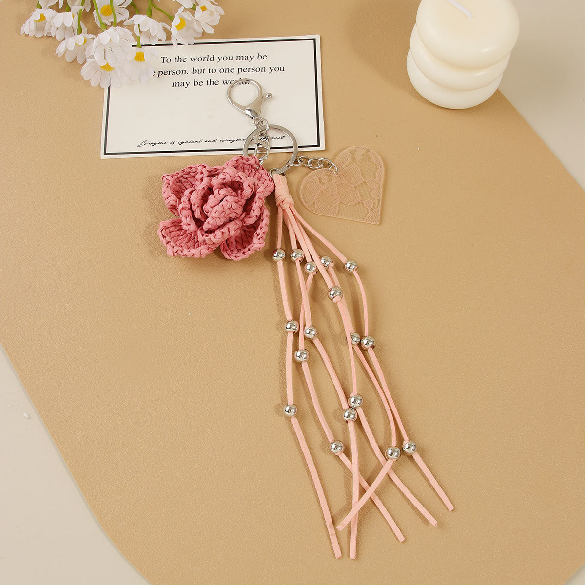 Knitted Flowers Key Chain In Natural Pink Straw Material With Sweet Style, Perfect Summer Accessory