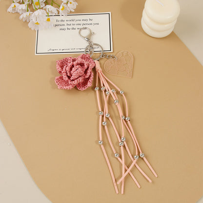 Knitted Flowers Key Chain In Natural Pink Straw Material With Sweet Style, Perfect Summer Accessory