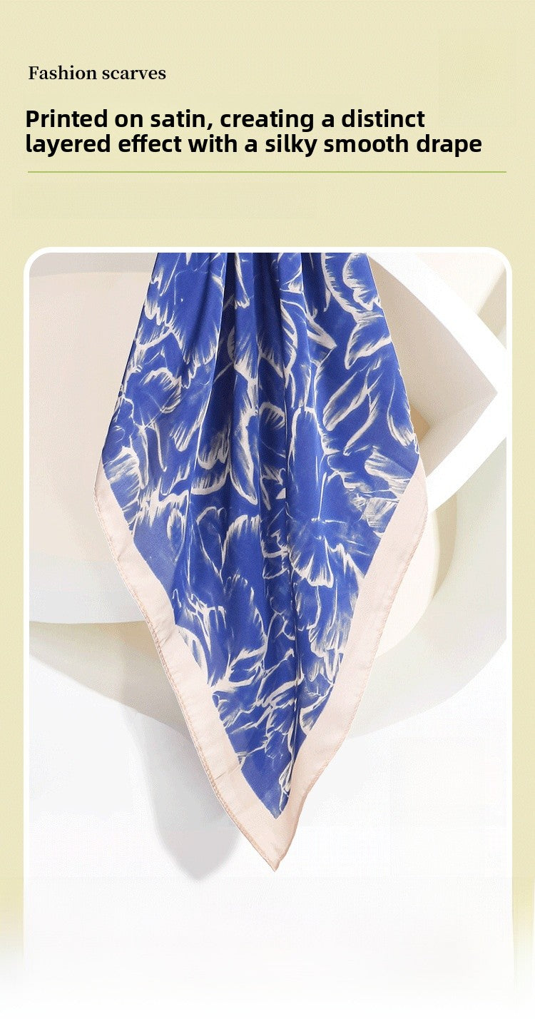 Petal Pattern Silk Scarf Made Of Polyester In Blue, Perfect For Autumn