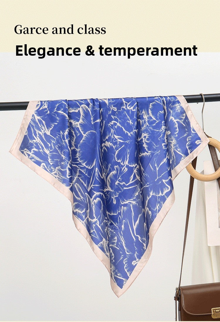 Petal Pattern Silk Scarf Made Of Polyester In Blue, Perfect For Autumn