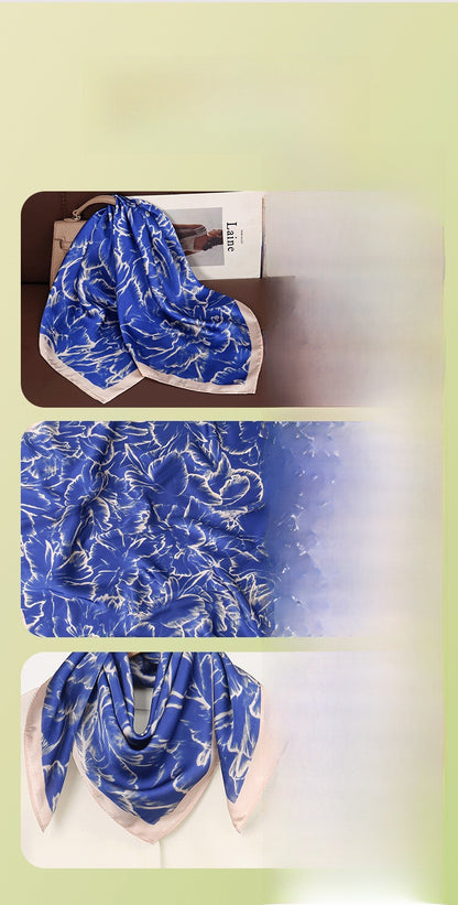 Petal Pattern Silk Scarf Made Of Polyester In Blue, Perfect For Autumn