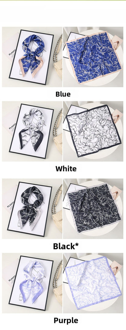 Petal Pattern Silk Scarf Made Of Polyester In Blue, Perfect For Autumn