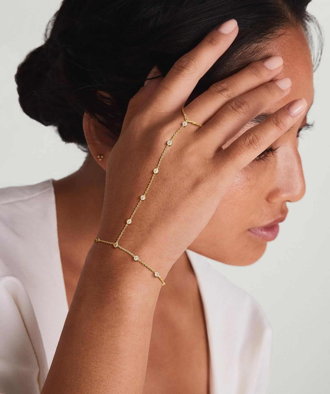 Geometric Hand Chain Bracelet For Women In Simple Style, Featuring Titanium Steel Chain And Zircon Inlay
