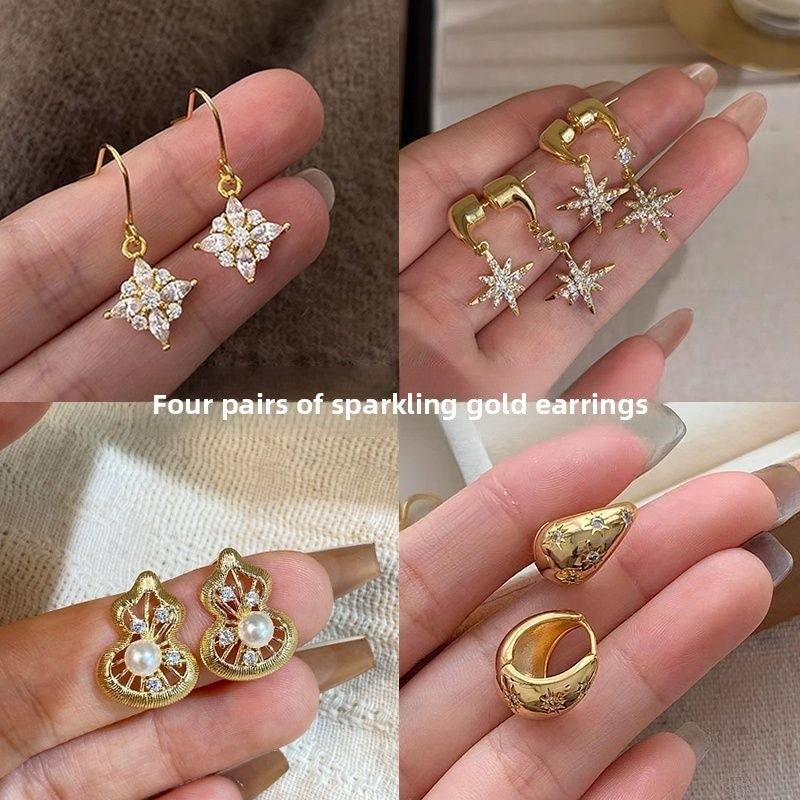 Rhombus Tassel Earrings For Women In Gold Alloy With Zircon Inlay Featuring Titanium Alloy Studs