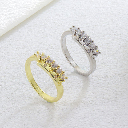 Luxurious Round Open Ring For Women With Bezel Setting, Electroplated Copper And Zircon Inlay